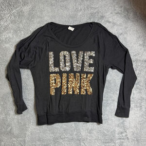 Victoria Secret Silver & Gold Sequined Love Pink Black Pullover Shirt Large Y2K